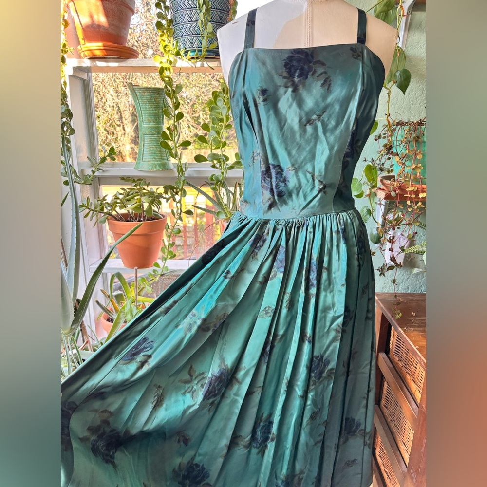 Vintage 1950s Teal Floral Satin Midi Dress